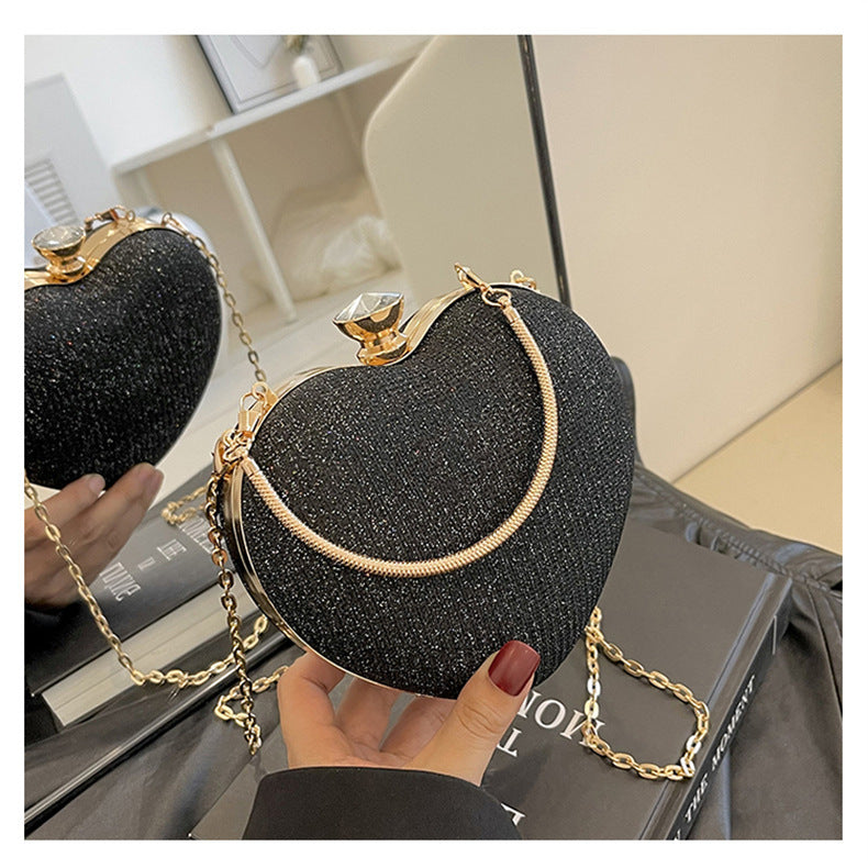 Ladies Fashion Shining Chain Crossbody Bag, Elegant Shoulder Heart Shaped, Metal Embellished, Black, with Buckle Closure, for Party, Wedding, Date